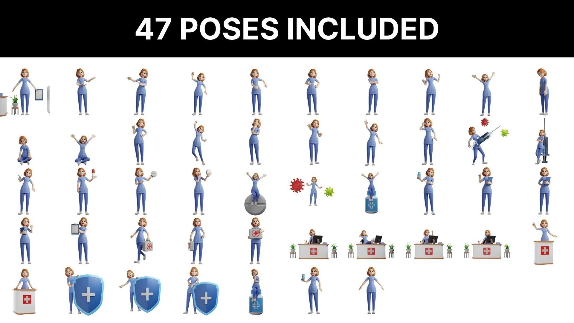 47 pre-made poses for Cartoon Nurse Woman